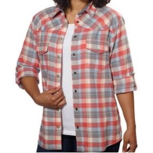 Jachs Girlfriend Coral and Sky Plaid Shirt
